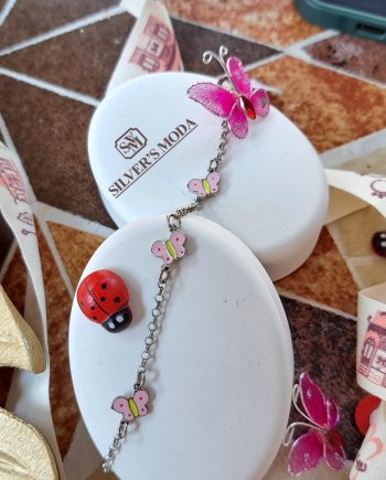 Βραχιόλι παιδικό ασημένιο με ροζ πεταλούδες