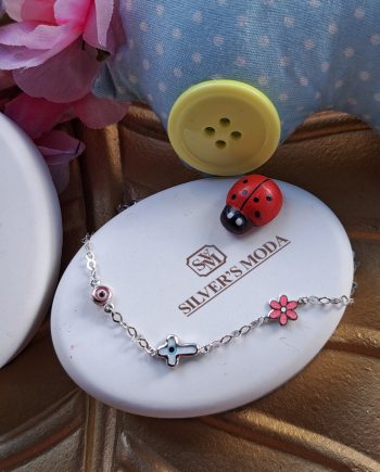 Παιδικό ασημένιο ροζ βραχιόλι με ματάκι, Σταυρό και λουλουδάκι